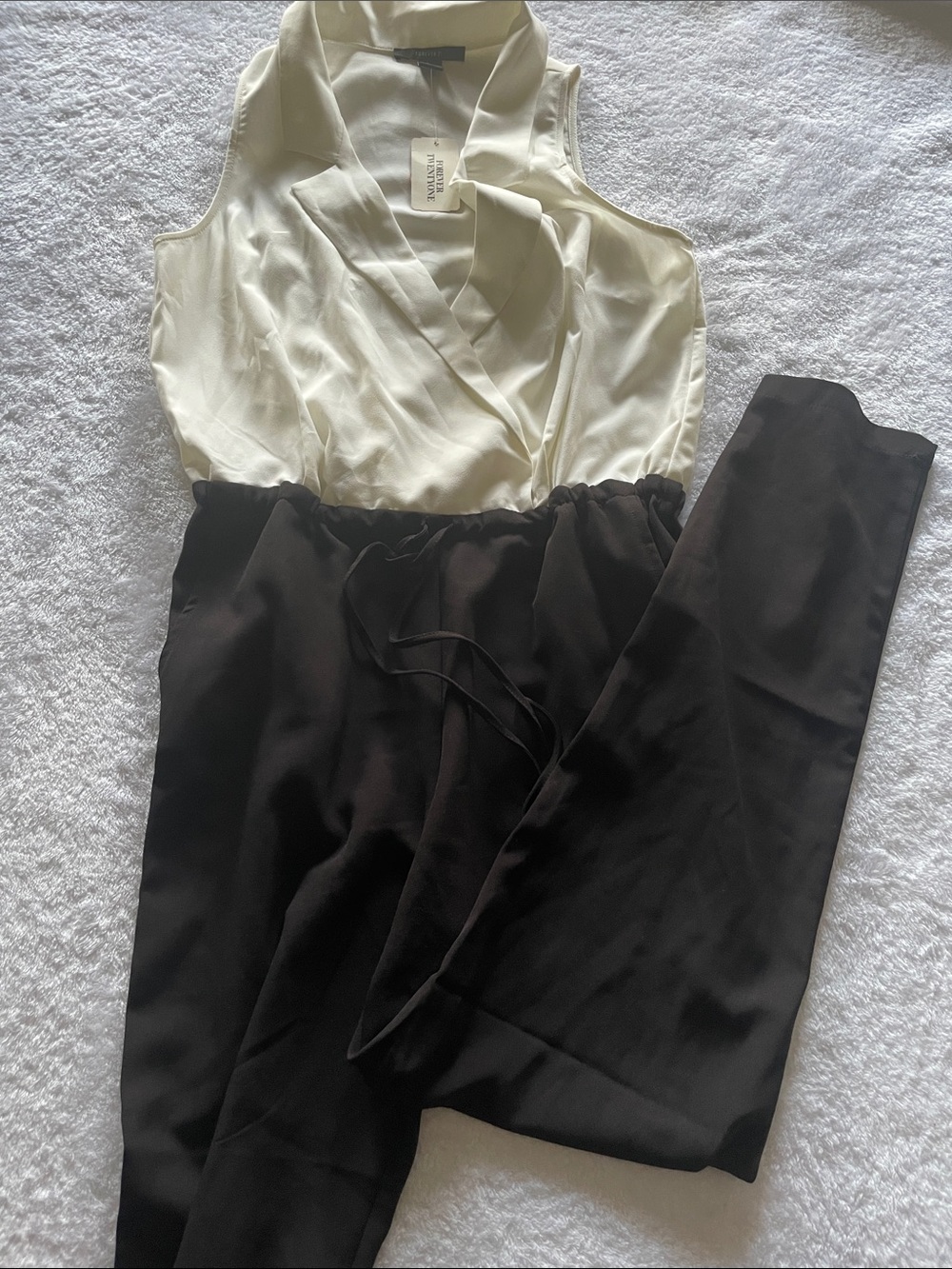 F21 Tuxedo Sleeveless Ivory & Black Wrap Jumpsuit